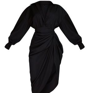 Black Balloon Sleeve Gathered Skirt Midi Shirt Dress